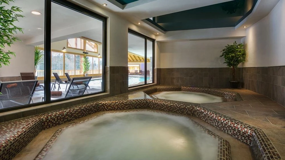 Aparte jaccuzi's me zicht op het zwembad Les Chalets de Leana
