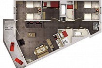 Village Montaina in Val Thorens - plattegrond van het 3-kamer apt. + cabine voor max. 6 pers.